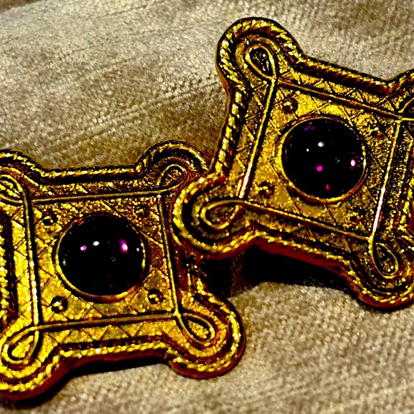 Vintage 90’s Florentine Gold & Purple Ornate Earrings Gripoix Clipons - Picture 3 of 6